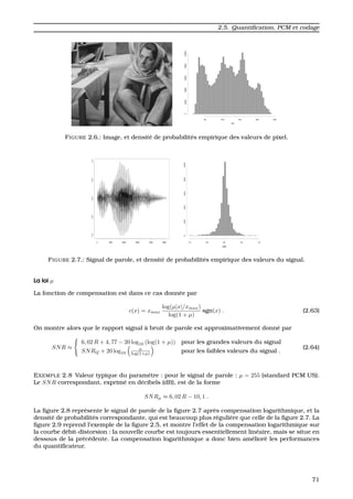 2.5. Quantiﬁcation, PCM et codage
FIGURE 2.6.: Image, et densit´e de probabilit´es empirique des valeurs de pixel.
FIGURE 2.7.: Signal de parole, et densit´e de probabilit´es empirique des valeurs du signal.
La loi µ
La fonction de compensation est dans ce cas donn´ee par
c(x) = xmax
log(µ|x|/xmax)
log(1 + µ)
sgn(x) . (2.63)
On montre alors que le rapport signal `a bruit de parole est approximativement donn´e par
SNR ≈
6, 02 R + 4, 77 − 20 log10 (log(1 + µ)) pour les grandes valeurs du signal
SNRQ + 20 log10
µ
log(1+µ) pour les faibles valeurs du signal .
(2.64)
EXEMPLE 2.8 Valeur typique du param`etre : pour le signal de parole : µ = 255 (standard PCM US).
Le SNR correspondant, exprim´e en d´ecibels (dB), est de la forme
SNRµ ≈ 6, 02 R − 10, 1 .
La ﬁgure 2.8 repr´esente le signal de parole de la ﬁgure 2.7 apr`es compensation logarithmique, et la
densit´e de probabilit´es correspondante, qui est beaucoup plus r´eguli`ere que celle de la ﬁgure 2.7. La
ﬁgure 2.9 reprend l’exemple de la ﬁgure 2.5, et montre l’effet de la compensation logarithmique sur
la courbe d´ebit-distorsion : la nouvelle courbe est toujours essentiellement lin´eaire, mais se situe en
dessous de la pr´ec´edente. La compensation logarithmique a donc bien am´elior´e les performances
du quantiﬁcateur.
71
 