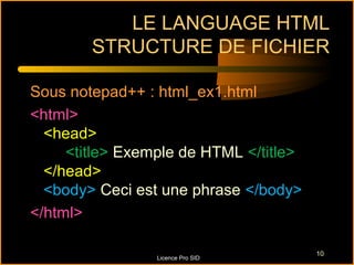 LE LANGUAGE HTML
        STRUCTURE DE FICHIER

Sous notepad++ : html_ex1.html
<html>
  <head>
     <title> Exemple de HTML </title>
  </head>
  <body> Ceci est une phrase </body>
</html>

                                        10
                 Licence Pro SID
 