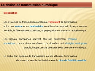La chaîne de transmission numérique
Les systèmes de transmission numérique véhiculent de l'information
entre une source et un destinataire en utilisant un support physique comme
le câble, la fibre optique ou encore, la propagation sur un canal radioélectrique.
Les signaux transportés peuvent être soit directement d'origine
numérique, comme dans les réseaux de données, soit d'origine analogique
(parole, image...) mais convertis sous une forme numérique.
La tache d'un système de transmission est de véhiculer l'information
de la source vers le destinataire avec le plus de fiabilité possible.
Introduction
 