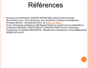 - Structure and architecture, DAVOOD NAVABI ASSL,Islamic Azad University,
- De la forme au lieu + de la tectonique: Une introduction à l'étude de l'architecture.
(Français) Broché – 20 septembre 2012 de Pierre von Meiss ,
- Cours: 2èmeannée architecture LMD Module:Théorie du projet Forme et matérialité en
architecture MATIERE, STRUCTURE ET CONSTRUCTION: Forme et Technique
Constructive, Pr Azeddine BELAKEHAL, Département d’architecture, UniversitéMohamed
KHIDER 2010-2011,
Références
 