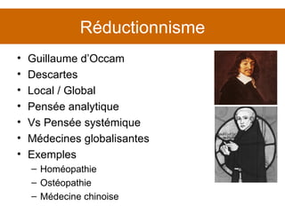Réductionnisme Guillaume d’Occam  Descartes Local / Global Pensée analytique Vs Pensée systémique Médecines globalisantes Exemples Homéopathie Ostéopathie Médecine chinoise 