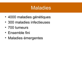 Maladies 4000 maladies génétiques 300 maladies infectieuses 700 tumeurs Ensemble fini Maladies émergentes 