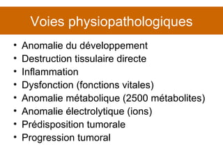 Voies physiopathologiques Anomalie du développement Destruction tissulaire directe Inflammation Dysfonction (fonctions vitales) Anomalie métabolique (2500 métabolites) Anomalie électrolytique (ions) Prédisposition tumorale Progression tumoral 