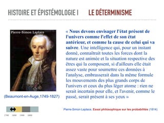 HISTOIRE ET ÉPISTÉMOLOGIE I LE DÉTERMINISME
« Nous devons envisager l'état présent de
l'univers comme l'effet de son état
antérieur, et comme la cause de celui qui va
suivre. Une intelligence qui, pour un instant
donné, connaîtrait toutes les forces dont la
nature est animée et la situation respective des
êtres qui la composent, si d'ailleurs elle était
assez vaste pour soumettre ces données à
l'analyse, embrasserait dans la même formule
les mouvements des plus grands corps de
l'univers et ceux du plus léger atome : rien ne
serait incertain pour elle, et l'avenir, comme le
passé, serait présent à ses yeux »
Pierre-Simon Laplace, Essai philosophique sur les probabilités (1814)
(Beaumont-en-Auge,1749-1827)
Pierre-Simon Laplace
1700 1800 1900 2000
 