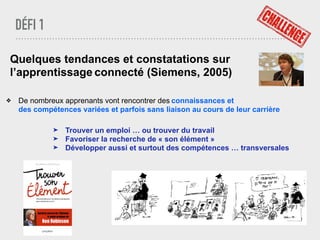 DÉFI 1
Quelques tendances et constatations sur
l’apprentissage connecté (Siemens, 2005)
❖ De nombreux apprenants vont rencontrer des connaissances et
des compétences variées et parfois sans liaison au cours de leur carrière
➤ Trouver un emploi … ou trouver du travail
➤ Favoriser la recherche de « son élément »
➤ Développer aussi et surtout des compétences … transversales
 