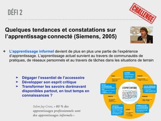 DÉFI 2
Quelques tendances et constatations sur
l’apprentissage connecté (Siemens, 2005)
❖ L’apprentissage informel devient de plus en plus une partie de l’expérience
d’apprentissage. L’apprentissage actuel survient au travers de communautés de
pratiques, de réseaux personnels et au travers de tâches dans les situations de terrain
➤ Dégager l’essentiel de l’accessoire
➤ Développer son esprit critique
➤ Transformer les savoirs dorénavant
disponibles partout, en tout temps en
connaissances ?
Selon Jay Cross, « 80 % des
apprentissages professionnels sont
des apprentissages informels »
 