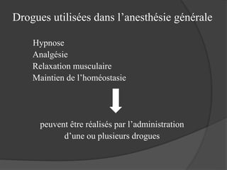 Drogues utilisées dans l’anesthésie générale
Hypnose
Analgésie
Relaxation musculaire
Maintien de l’homéostasie
peuvent être réalisés par l’administration
d’une ou plusieurs drogues
 