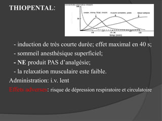 THIOPENTAL:
- induction de très courte durée; effet maximal en 40 s;
- sommeil anesthésique superficiel;
- NE produit PAS d’analgésie;
- la relaxation musculaire este faible.
Administration: i.v. lent
Effets adverses: risque de dépression respiratoire et circulatoire
 