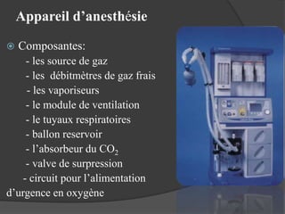 Appareil d’anesthésie
 Composantes:
- les source de gaz
- les débitmètres de gaz frais
- les vaporiseurs
- le module de ventilation
- le tuyaux respiratoires
- ballon reservoir
- l’absorbeur du CO2
- valve de surpression
- circuit pour l’alimentation
d’urgence en oxygène
 