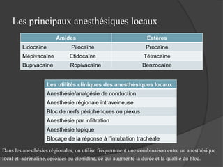 Les principaux anesthésiques locaux
Amides Estères
Lidocaïne Pilocaïne Procaïne
Mépivacaïne Etidocaïne Tétracaïne
Bupivacaïne Ropivacaïne Benzocaïne
Les utilités cliniques des anesthésiques locaux
Anesthésie/analgésie de conduction
Anesthésie régionale intraveineuse
Bloc de nerfs périphériques ou plexus
Anesthésie par infiltration
Anesthésie topique
Blocage de la réponse à l’intubation trachéale
Dans les anesthésies régionales, on utilise fréquemment une combinaison entre un anesthésique
local et adrénaline, opioïdes ou clonidine, ce qui augmente la durée et la qualité du bloc.
 