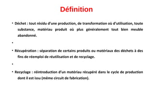 Définition
• Déchet : tout résidu d’une production, de transformation où d’utilisation, toute
substance, matériau produit où plus généralement tout bien meuble
abandonné.
•
• Récupération : séparation de certains produits ou matériaux des déchets à des
fins de réemploi de réutilisation et de recyclage.
•
• Recyclage : réintroduction d’un matériau récupéré dans le cycle de production
dont il est issu (même circuit de fabrication).
 