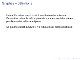 Graphes – définitions
Une arête reliant un sommet à lui-même est une boucle.
Des arêtes reliant la même paire de sommets sont des arêtes
parallèles (des arêtes multiples).
Un graphe est dit simple s’il n’a ni boucles ni arêtes multiples.
 