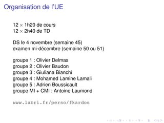 Organisation de l’UE
12 × 1h20 de cours
12 × 2h40 de TD
DS le 4 novembre (semaine 45)
examen mi-décembre (semaine 50 ou 51)
groupe 1 : Olivier Delmas
groupe 2 : Olivier Baudon
groupe 3 : Giuliana Bianchi
groupe 4 : Mohamed Lamine Lamali
groupe 5 : Adrien Boussicault
groupe MI + CMI : Antoine Laumond
www.labri.fr/perso/fkardos
 