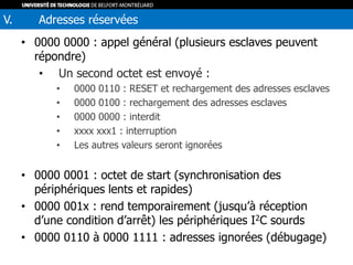 • 0000 0000 : appel général (plusieurs esclaves peuvent
répondre)
• Un second octet est envoyé :
• 0000 0110 : RESET et rechargement des adresses esclaves
• 0000 0100 : rechargement des adresses esclaves
• 0000 0000 : interdit
• xxxx xxx1 : interruption
• Les autres valeurs seront ignorées
• 0000 0001 : octet de start (synchronisation des
périphériques lents et rapides)
• 0000 001x : rend temporairement (jusqu’à réception
d’une condition d’arrêt) les périphériques I2C sourds
• 0000 0110 à 0000 1111 : adresses ignorées (débugage)
V. Adresses réservées
 