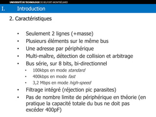 2. Caractéristiques
• Seulement 2 lignes (+masse)
• Plusieurs éléments sur le même bus
• Une adresse par périphérique
• Multi-maître, détection de collision et arbitrage
• Bus série, sur 8 bits, bi-directionnel
• 100kbps en mode standard
• 400kbps en mode fast
• 3,2 Mbps en mode high-speed
• Filtrage intégré (réjection pic parasites)
• Pas de nombre limite de périphérique en théorie (en
pratique la capacité totale du bus ne doit pas
excéder 400pF)
I. Introduction
 