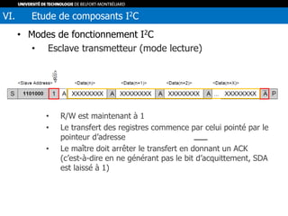 • Modes de fonctionnement I2C
• Esclave transmetteur (mode lecture)
• R/W est maintenant à 1
• Le transfert des registres commence par celui pointé par le
pointeur d’adresse
• Le maître doit arrêter le transfert en donnant un ACK
(c’est-à-dire en ne générant pas le bit d’acquittement, SDA
est laissé à 1)
VI. Etude de composants I2C
 