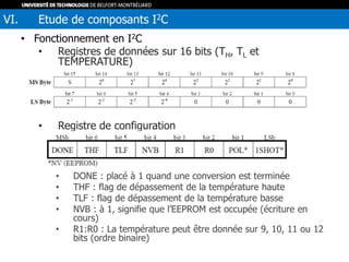 • Fonctionnement en I2C
• Registres de données sur 16 bits (TH, TL et
TEMPERATURE)
• Registre de configuration
• DONE : placé à 1 quand une conversion est terminée
• THF : flag de dépassement de la température haute
• TLF : flag de dépassement de la température basse
• NVB : à 1, signifie que l’EEPROM est occupée (écriture en
cours)
• R1:R0 : La température peut être donnée sur 9, 10, 11 ou 12
bits (ordre binaire)
VI. Etude de composants I2C
 