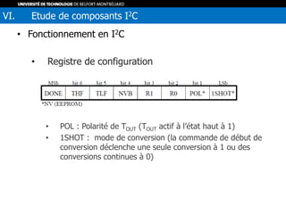 • Fonctionnement en I2C
• Registre de configuration
• POL : Polarité de TOUT (TOUT actif à l’état haut à 1)
• 1SHOT : mode de conversion (la commande de début de
conversion déclenche une seule conversion à 1 ou des
conversions continues à 0)
VI. Etude de composants I2C
 