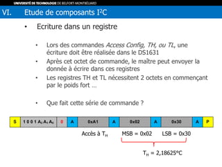 • Ecriture dans un registre
• Lors des commandes Access Config, TH, ou TL, une
écriture doit être réalisée dans le DS1631
• Après cet octet de commande, le maître peut envoyer la
donnée à écrire dans ces registres
• Les registres TH et TL nécessitent 2 octets en commençant
par le poids fort …
• Que fait cette série de commande ?
VI. Etude de composants I2C
Accès à TH MSB = 0x02 LSB = 0x30
TH = 2,18625°C
 