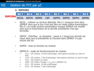 2. SSPCON1
• WCOL : collision en écriture détectée. Mis à 1 lorsqu’on écrit dans
SSPBUF alors que le bus n’est pas libre en mode maître-transmetteur.
Mis à 1 en mode esclave-transmetteur lorsque SSPBUF est modifié
alors que la transmission de la donnée précédente n’est pas
terminée.
• SSPOV : OVerflow, en réception : passe à 1 lorsqu’une donnée est
reçue alors que la précédente se trouvant dans SSPBUF n’a pas
encore été lue
• SSPEN : mise en fonction du module
• SSPM3:0 : mode de fonctionnement du module
 1111 : I2C esclave, 10 bits d’adressage, interruptions activées sur start et
stop
 1110 : I2C esclave, 7 bits d’adressage, interruptions activées sur start et stop
 1011 : I2C esclave au repos
 1000 : I2C maître, horloge = FOSC/(4 x (SSPAD+1))
 0111 : I2C esclave, 10 bits d’adressage
 0110 : I2C esclave, 7 bits d’adressage
VII. Gestion de l’I2C par µC
Bit 7 Bit 6 Bit 5 Bit 4 Bit 3 Bit 2 Bit 1 Bit 0
WCOL SSPOV SSPEN CKP SSPM3 SSPM2 SSPM1 SSPM0
SSPCON1
 