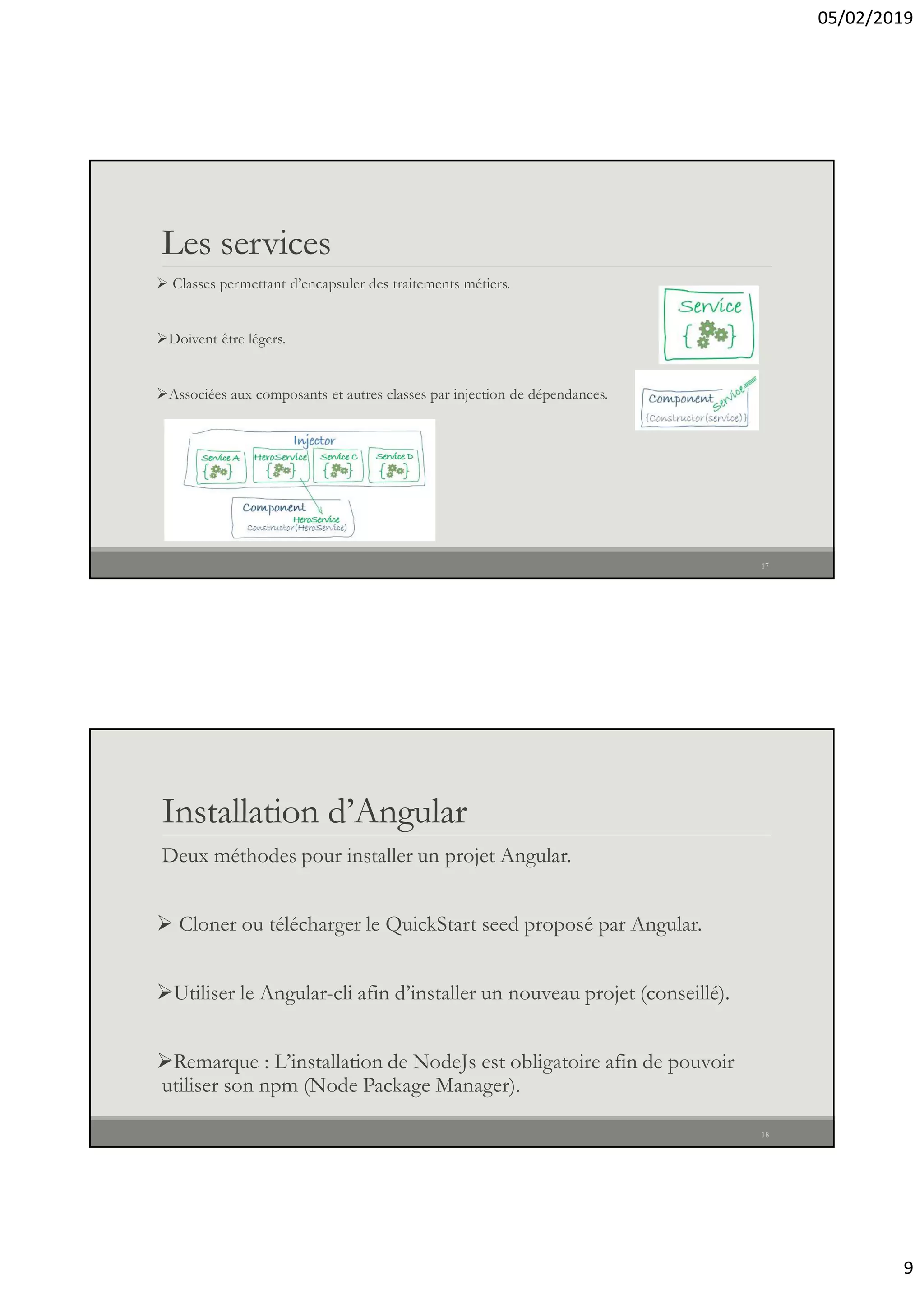 05/02/2019
9
Les services
 Classes permettant d’encapsuler des traitements métiers.
Doivent être légers.
Associées aux composants et autres classes par injection de dépendances.
17
Installation d’Angular
Deux méthodes pour installer un projet Angular.
 Cloner ou télécharger le QuickStart seed proposé par Angular.
Utiliser le Angular-cli afin d’installer un nouveau projet (conseillé).
Remarque : L’installation de NodeJs est obligatoire afin de pouvoir
utiliser son npm (Node Package Manager).
18
 