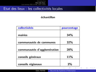 Introduction
Etat des lieux
Les normes ISO 17799, ISO 27002
Etat des lieux : les collectivités locales
échantillon
collectivités pourcentage
mairies 34%
communautés de communes 32%
communautés d’agglomération 20%
conseils généraux 11%
conseils régionaux 3%
Odile PAPINI Sécurité des Systèmes d’Information
 