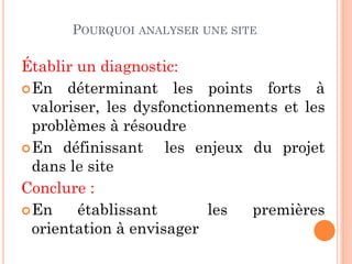 POURQUOI ANALYSER UNE SITE
Établir un diagnostic:
En déterminant les points forts à
valoriser, les dysfonctionnements et les
problèmes à résoudre
En définissant les enjeux du projet
dans le site
Conclure :
En établissant les premières
orientation à envisager
 