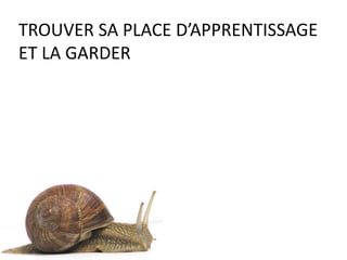 TROUVER SA PLACE
EVOLUER
1. Capacité à se motiver (désirer)
2. Capacité à persévérer (avancer)
3. Contrôle de ses impulsions (éviter)
4. Capacité à différer une satisfaction
(patienter)
5. Capacité à réguler son humeur (maitriser)
6. Capacité à ne pas angoisser (positiver)
 