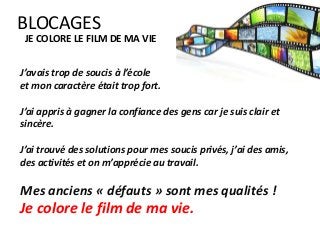 J’avais trop de soucis à l’école
et mon caractère était trop fort.
J’ai appris à gagner la confiance des gens car je suis clair et
sincère.
J’ai trouvé des solutions pour mes soucis privés, j’ai des amis,
des activités et on m’apprécie au travail.
Mes anciens « défauts » sont mes qualités !
Je colore le film de ma vie.
BLOCAGES
JE COLORE LE FILM DE MA VIE
 