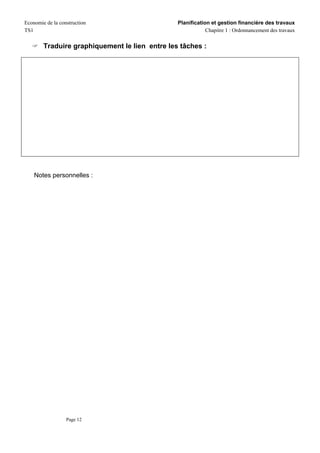 Economie de la construction                     Planification et gestion financière des travaux
TS1                                                         Chapitre 1 : Ordonnancement des travaux


        Traduire graphiquement le lien entre les tâches :




    Notes personnelles :




                  Page 12
 