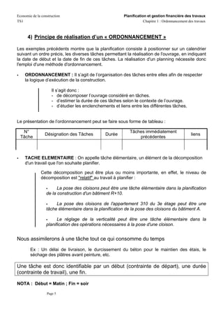 Economie de la construction                              Planification et gestion financière des travaux
TS1                                                                  Chapitre 1 : Ordonnancement des travaux



      4) Principe de réalisation d’un « ORDONNANCEMENT »

Les exemples précédents montre que la planification consiste à positionner sur un calendrier
suivant un ordre précis, les diverses tâches permettant la réalisation de l'ouvrage, en indiquant
la date de début et la date de fin de ces tâches. La réalisation d'un planning nécessite donc
l'emploi d'une méthode d'ordonnancement.

     ORDONNANCEMENT : Il s’agit de l’organisation des tâches entre elles afin de respecter
     la logique d’exécution de la construction.

                     Il s’agit donc :
                     - de décomposer l’ouvrage considéré en tâches.
                     - d’estimer la durée de ces tâches selon le contexte de l’ouvrage.
                     - d’étudier les enclenchements et liens entre les différentes tâches.


Le présentation de l’ordonnancement peut se faire sous forme de tableau :

   N°                                                       Tâches immédiatement
                 Désignation des Tâches         Durée                                             liens
  Tâche                                                         précédentes



     TACHE ELEMENTAIRE : On appelle tâche élémentaire, un élément de la décomposition
     d'un travail que l'on souhaite planifier.

               Cette décomposition peut être plus ou moins importante, en effet, le niveau de
               décomposition est "relatif" au travail à planifier :

                        La pose des cloisons peut être une tâche élémentaire dans la planification
                  de la construction d'un bâtiment R+10.

                       La pose des cloisons de l'appartement 310 du 3e étage peut être une
                  tâche élémentaire dans la planification de la pose des cloisons du bâtiment A.

                        Le réglage de la verticalité peut être une tâche élémentaire dans la
                  planification des opérations nécessaires à la pose d'une cloison.


Nous assimilerons à une tâche tout ce qui consomme du temps
        Ex : Un délai de livraison, le durcissement du béton pour le maintien des étais, le
        séchage des plâtres avant peinture, etc.

Une tâche est donc identifiable par un début (contrainte de départ), une durée
(contrainte de travail), une fin.

NOTA : Début = Matin ; Fin = soir

                  Page 5
 