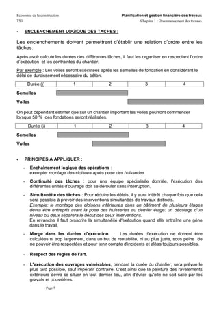Economie de la construction                              Planification et gestion financière des travaux
TS1                                                                  Chapitre 1 : Ordonnancement des travaux

     ENCLENCHEMENT LOGIQUE DES TACHES :

Les enclenchements doivent permettrent d’établir une relation d’ordre entre les
tâches.
Après avoir calculé les durées des différentes tâches, il faut les organiser en respectant l’ordre
d’exécution et les contraintes du chantier.
Par exemple : Les voiles seront exécutées après les semelles de fondation en considérant le
délai de durcissement nécessaire du béton.
        Durée (j)               1                  2                    3                       4

Semelles

Voiles

On peut cependant estimer que sur un chantier important les voiles pourront commencer
lorsque 50 % des fondations seront réalisées.
        Durée (j)               1                  2                    3                      4

Semelles

Voiles


     PRINCIPES A APPLIQUER :
    -    Enchaînement logique des opérations :
         exemple: montage des cloisons après pose des huisseries.
    -    Continuité des tâches : pour une équipe spécialisée donnée, l'exécution des
         différentes unités d'ouvrage doit se dérouler sans interruption.
    -    Simultanéité des tâches : Pour réduire les délais, il y aura intérêt chaque fois que cela
         sera possible à prévoir des interventions simultanées de travaux distincts.
         Exemple: le montage des cloisons intérieures dans un bâtiment de plusieurs étages
         devra être entrepris avant la pose des huisseries au dernier étage: un décalage d'un
         niveau ou deux séparera le début des deux interventions.
         En revanche il faut proscrire la simultanéité d'exécution quand elle entraîne une gêne
         dans le travail.
    -    Marge dans les durées d'exécution : Les durées d'exécution ne doivent être
         calculées ni trop largement, dans un but de rentabilité, ni au plus juste, sous peine de
         ne pouvoir être respectées et pour tenir compte d'incidents et aléas toujours possibles.

    -    Respect des règles de l'art.

    -    L'exécution des ouvrages vulnérables, pendant la durée du chantier, sera prévue le
         plus tard possible, sauf impératif contraire. C'est ainsi que la peinture des ravalements
         extérieurs devra se situer en tout dernier lieu, afin d'éviter qu'elle ne soit salie par les
         gravats et poussières.
                    Page 7
 