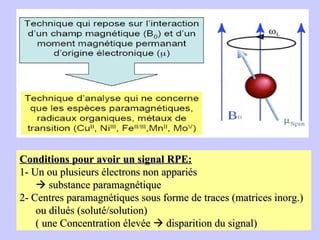 Conditions pour avoir un signal RPE: 1- Un ou plusieurs électrons non appariés    substance paramagnétique 2- Centres paramagnétiques sous forme de traces (matrices inorg.) ou dilués (soluté/solution)  ( une Concentration élevée    disparition du signal) 