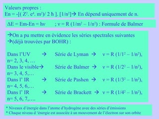On a pu mettre en évidence les séries spectrales suivantes  (déjà trouvées par BOHR) :  Dans l’UV      Série de Lyman     ν = R (1/1 2  – 1/n 2 ), n= 2, 3, 4, … Dans le visible  Série de Balmer   ν = R (1/2 2  – 1/n 2 ), n= 3, 4, 5,… Dans l’ IR    Série de Pashen   ν = R (1/3 2  – 1/n 2 ), n= 4, 5, 6,… Dans l’ IR    Série de Brackett   ν = R (1/4 2  – 1/n 2 ), n= 5, 6, 7,….  Valeurs propres :  En = -[( Z 2 . e 4 . m 2 )/ 2 ħ ]. [1/n 2 ]   En dépend uniquement de n. ΔE = Em-En = hν ; ν = R (1/m 2  – 1/n 2 ) : Formule de Balmer * Niveaux d’énergie dans l’atome d’hydrogène avec des séries d’émissions * Chaque niveau d ‘énergie est associée à un mouvement de l’électron sur son orbite 