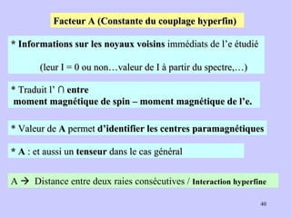 * A  : et aussi un  tenseur  dans le cas général Facteur A (Constante du couplage hyperfin)  * Informations sur les noyaux   voisins  immédiats de l’e étudié  (leur I = 0 ou non…valeur de I à partir du spectre,…) * Traduit l’  ∩ entre moment magnétique de spin – moment magnétique de l’e. * Valeur de  A  permet  d’identifier les centres paramagnétiques A     Distance entre deux raies consécutives /  Interaction hyperfine 