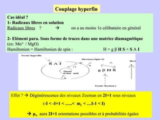 Cas idéal ? 1- Radicaux libres en solution Radicaux libres ?    on a au moins 1e célibataire en général 2- Elément para. Sous forme de traces dans une matrice diamagnétique (ex: Mn 2+  / MgO) Hamiltonien = Hamiltonien de spin :  H = g β  H   S  +  S  A  I Couplage hyperfin  Effet ?     Dégénérescence  des niveaux Zeeman en  2I+1  sous niveaux ( -I < -I+1 < …..<  m I  < …I-1 < I)    μ N   aura  2I+1  orientations possibles et à probabilités égales   