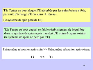 T1:  Temps au bout duquel l'E absorbée par les spins baisse  n  fois, par suite d'échange d'E du spins    réseau.  (le système de spin perd de l'E) T2:  Temps au bout duquel se fait le rétablissement de l'équilibre dans le système de spins après transfert d'E  spins   spins voisins. (le système de spins ne perd pas d'E) Phénomène relaxation spin-spin >> Phénomène relaxation spin-réseau  T2 < < T1 