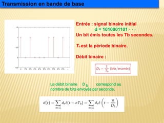 Entrée : signal binaire initial
d = 1010001101 · · ·
Un bit émis toutes les Tb secondes.
Tb est la période binaire.
Débit binaire :
Le débit binaire D correspond au
nombre de bits envoyés par seconde.
Transmission en bande de base
b
 