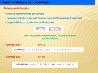 • m est le nombre de bits par symbole
• Regrouper les bits m par m et associer un symbole à chaque groupement
• On peut définir un dictionnaire de M symboles.
Exemple avec m = 2 :
Exemple avec m = 1 :
M est le nombre de symboles du dictionnaire et est
appelé valence
Codage par dictionnaire
Transmission en bande de base
 