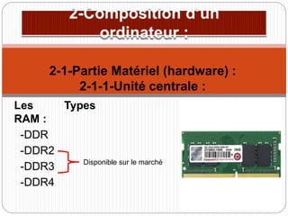 Les Types
RAM :
-DDR
-DDR2
-DDR3
-DDR4
2-1-Partie Matériel (hardware) :
2-1-1-Unité centrale :
Disponible sur le marché
 