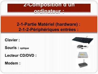 Clavier :
Souris : optique
Lecteur CD/DVD :
Modem :
2-1-Partie Matériel (hardware) :
2-1-2-Périphériques entrées :
 