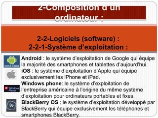 2-2-Logiciels (software) :
2-2-1-Système d’exploitation :
Android : le système d’exploitation de Google qui équipe
la majorité des smartphones et tablettes d’aujourd’hui.
iOS : le système d’exploitation d’Apple qui équipe
exclusivement les iPhone et iPad.
Windows phone: le système d’exploitation de
l’entreprise américaine à l’origine du même système
d’exploitation pour ordinateurs portables et fixes.
BlackBerry OS : le système d’exploitation développé par
BlackBerry qui équipe exclusivement les téléphones et
smartphones BlackBerry.
 