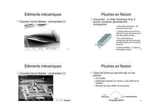 Eléments mécaniques
•  Couche mince libérée : contraintes (1)
37
Eléments mécaniques
•  Couche mince libérée : contraintes (1)
C. T. C. Nguyen38
Poutres en flexion
•  Une poutre : un objet mécanique long, à
section constante, généralement
rectangulaire
h
w
l
• Sous action des forces : les
poutres se déforment
• Chaque partie de la poutre se
déforme et subit des forces de la
part des parties voisines.
• Ces phénomènes se
caractérisent par les contraintes,
les déformations et les moments
de forces.
• Analyse détaillée : S. Senturia,
Microsystem Design 39
Poutres en flexion
•  Types de forces qui peuvent agir sur les
poutres :
–  Ponctuelle
–  Distribuée (repartie sur toute ou une partie de la
surface)
–  Moment de force (effort de tournevis)
40
 