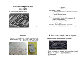 Ressort composé : un
exemple
•  Gyroscope (Draper Labs)
16University of California
LecM 8 C. Nguyen 9/28/07 32
m Suspensions Permeate MEMS
Gyroscope [Draper Labs.]Analog Devices]
ical Filter [K. Wang, Univ. of Michigan]
57
Masse
Exemple d une réalisation de la masse : une brique de Si
Masse volumique du Si : 2330 kg·m ³, verre : 2500 kg·m ³
Au : 1930 kg·m ³, fer : 7874 kg·m ³
58
Masse
Les rôles de la masse :
-- élément constitutif pour un résonateur de second
ordre,
-- Capteur sismique naturel
Masse en tant que capteur sismique :
Soit un système soumis à une accéleration
ou à un champ gravitation.
La masse subit alors une force :

F = −m

a

a
Application : mésure d accéleration, gyroscopes,
récupération d énergie vibratoire 59
Résonateur micromécaniques
•  Résonateurs à paramètres localisés :
•  Il est possible de séparer la masse du ressort.
Basse fréquence : accéléromètres,
gyroscopes, …
60
 