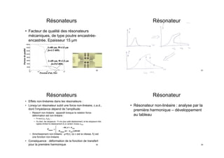 Résonateurs
•  Facteur de qualité des résonateurs
mécaniques, de type poutre encastrée-
encastrée. Epaisseur 15 µm
65
Résonateurs
•  Effets non-linéaires dans les résonateurs :
•  Lorsqu’un résonateur subit une force non-linéaire, c.a.d.,
dont l’impédance dépend de l’amplitude:
–  Ressort non-linéaire : apparaît lorsque la relation force-
déformation est non-linéaire :
•  F=-kx-k1x3- k2x5-…
•  Ou bien, les stoppeurs : F=-kx pour petit déplacement, et les stoppeurs très
rigides limitent le déplacement à un certain niveau xmax
–  Amortissement non-linéaire : µ=f(v), où v est la vitesse, f() est
une fonction non-linéaire
•  Conséquence : déformation de la fonction de transfert
pour la première harmonique
Fstopper
=
−kx,x < xmax
−kstopper
(x − xmax
),sinon
⎧
⎨
⎪
⎩⎪
66
Résonateur
67
Résonateur
•  Résonateur non-linéaire : analyse par la
première harmonique – développement
au tableau
68
 