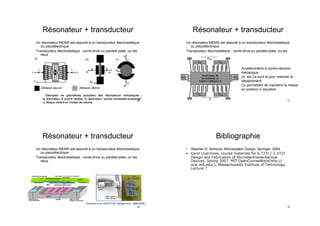 Résonateur + transducteur
Un résonateur MEMS est associé à un transducteur électrostatique
ou piezoélectrique
Transducteur électrostatique : comb-drive ou parallel-plate, ou les
deux
69
Résonateur + transducteur
Un résonateur MEMS est associé à un transducteur électrostatique
ou piezoélectrique
Transducteur électrostatique : comb-drive ou parallel-plate, ou les
deux
70
Résonateur + transducteur
Un résonateur MEMS est associé à un transducteur électrostatique
ou piezoélectrique
Transducteur électrostatique : comb-drive ou parallel-plate, ou les
deux
Accéléromètre à contre-réaction
mécanique :
Ici, les Cs sont là pour mesurer le
déplacement,
Cc permettent de maintenir la masse
en position d équilibre
71
Bibliographie
•  Stephen D. Senturia, Microsystem Design, Springer, 2004
•  Carol Livermore, course materials for 6.777J / 2.372J
Design and Fabrication of Microelectromechanical
Devices, Spring 2007. MIT OpenCourseWare(http://
ocw.mit.edu/), Massachusetts Institute of Technology.
Lecture 7 "
72
 