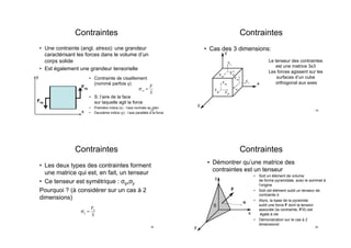 Contraintes
•  Une contrainte (angl. stress): une grandeur
caractérisant les forces dans le volume d’un
corps solide
•  Est également une grandeur tensorielle
x
y
Fxy
Fxy
•  Contrainte de cisaillement
(nommé parfois γ)
•  S: l’aire de la face
sur laquelle agit la force
•  Première indice (x) : l’axe normale au plan
•  Deuxième indice (y) : l’axe parallèle à la force
σxy =
F
S
17
Contraintes
•  Les deux types des contraintes forment
une matrice qui est, en fait, un tenseur
•  Ce tenseur est symétrique : σij=σji
Pourquoi ? (à considérer sur un cas à 2
dimensions)
σij =
Fij
S
18
Contraintes
•  Cas des 3 dimensions:
x
z
y
Fz
Fzy
Fzx
Fy
Fyx
Fyz
Fxy
Fxz
Fx
Le tenseur des contraintes
est une matrice 3x3
Les forces agissent sur les
surfaces d’un cube
orthogonal aux axes
19
Contraintes
•  Démontrer qu’une matrice des
contraintes est un tenseur
x
z
y
n
•  Soit un élément de volume
de forme pyramidale, avec le sommet à
l’origine
•  Soit cet élément subit un tenseur de
contrainte σ
•  Alors, la base de la pyramide
subit une force F dont la tension
associée (la contrainte, F/S) est
égale à σn
•  Démonstration sur le cas à 2
dimensions!
F
S
20
 