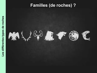 Les différentes types de roches 
Familles (de roches) ? 
 