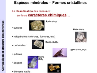 Espèces minérales – Formes cristallines 
La classification des minéraux… 
sur leurs caractères chimiques … 
• sulfures 
Pyrite (FeS2) 
• halogénures (chlorures, fluorures, etc.) 
• carbonates 
• sulfates 
• silicates 
• éléments natifs Or 
Halite (NaCl) 
Calcite (CaCO3) 
Gypse (CaSO4,2H2O) 
Quartz 
(SiO2) 
Co2m. pCoosmitpioons ietito snt reutc stutrruec dtuerse mdeinsé mraiunxéraux 
 