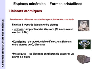 Espèces minérales – Formes cristallines 
Liaisons atomiques 
Des éléments différents se combinent pour former des composés...